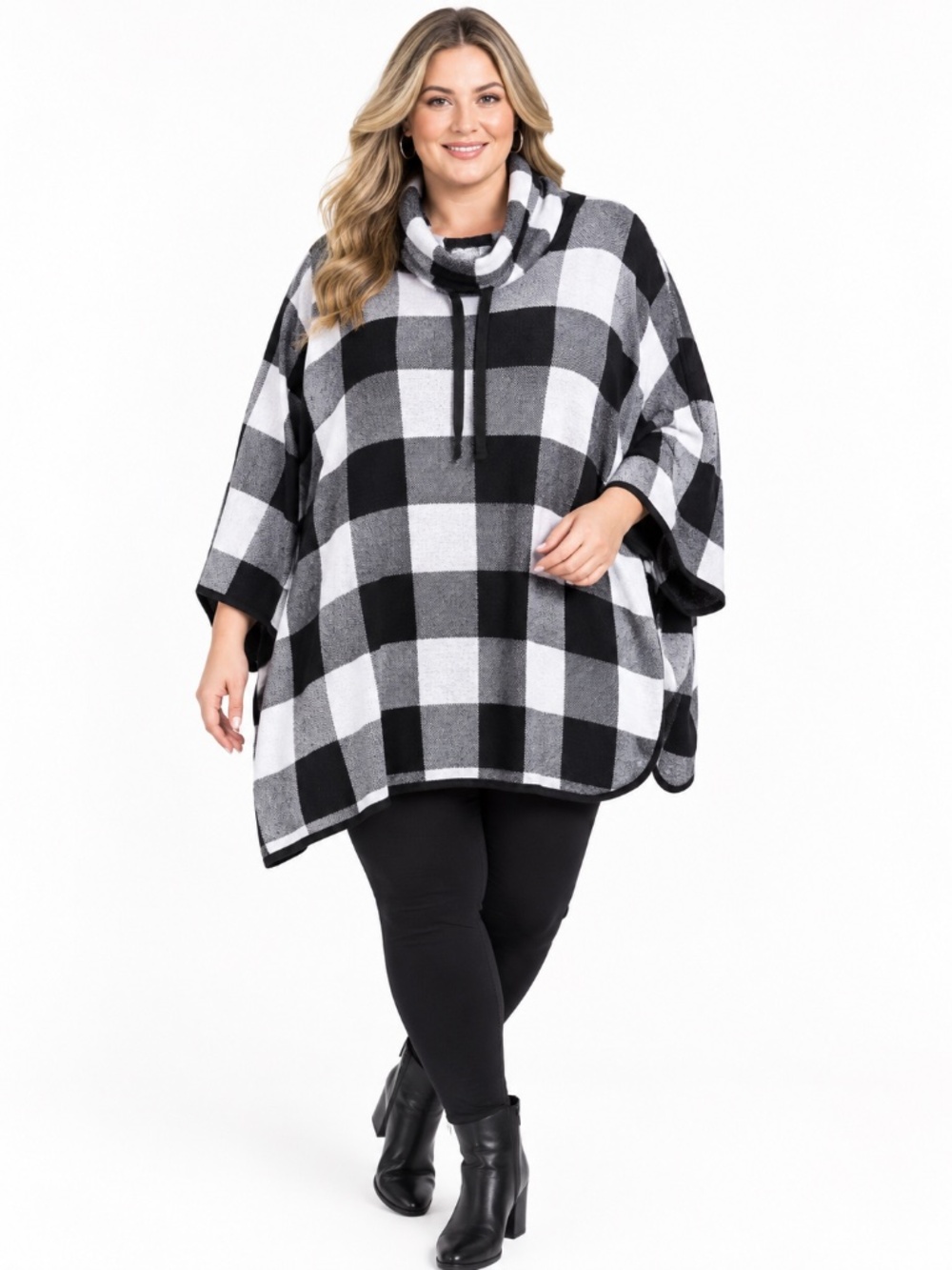 Adrienne Vittadini Sweater Women's 3X Buffalo Plaid Cowl Neck Pullover Poncho
